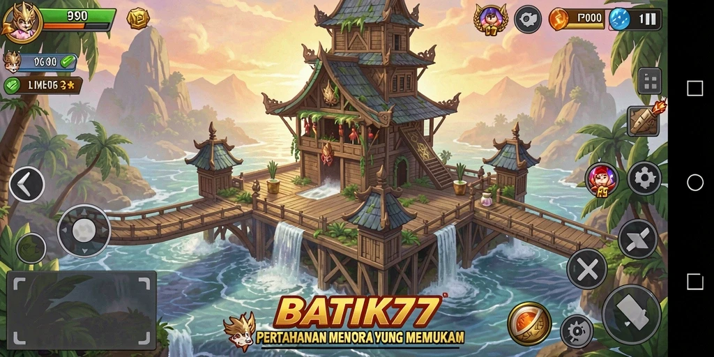 Tangkapan layar menampilkan aksi menara pertahanan yang intens di BATIK77.