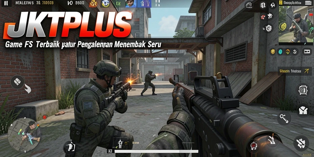 Tangkapan layar utama JKTPLUS menampilkan aksi gameplay FPS yang seru.