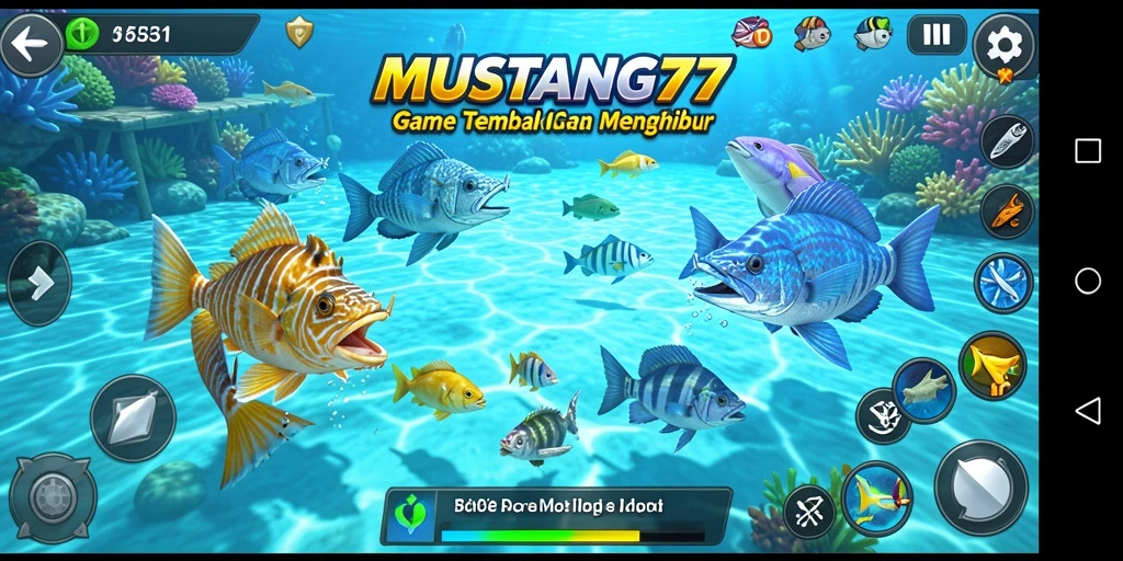 Screenshot gameplay MUSTANG77 yang menunjukkan aksi menembak ikan dengan senjata yang menarik.