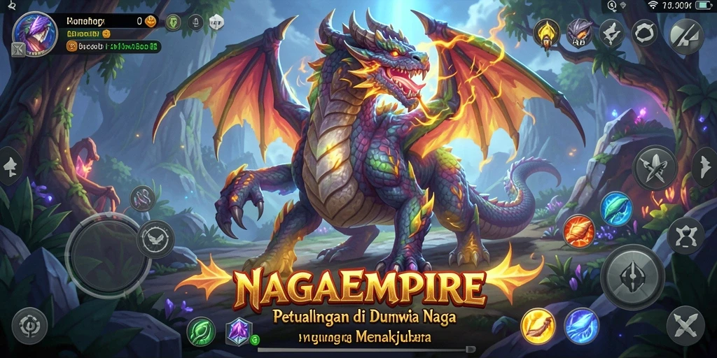 Screenshot gameplay NAGAEMPIRE menampilkan petualangan seru dengan naga dan makhluk fantastis.