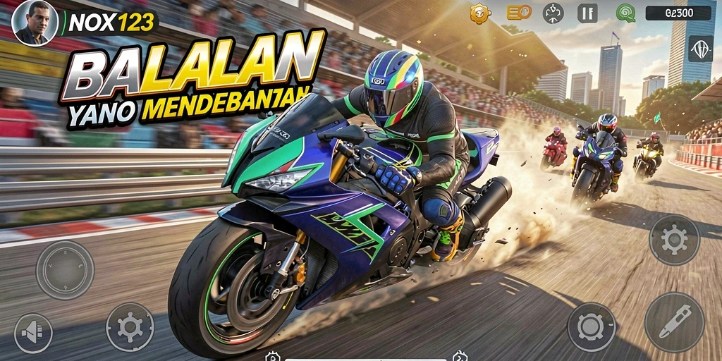 Screenshot gameplay NOX123 menampilkan aksi balapan motor yang seru.