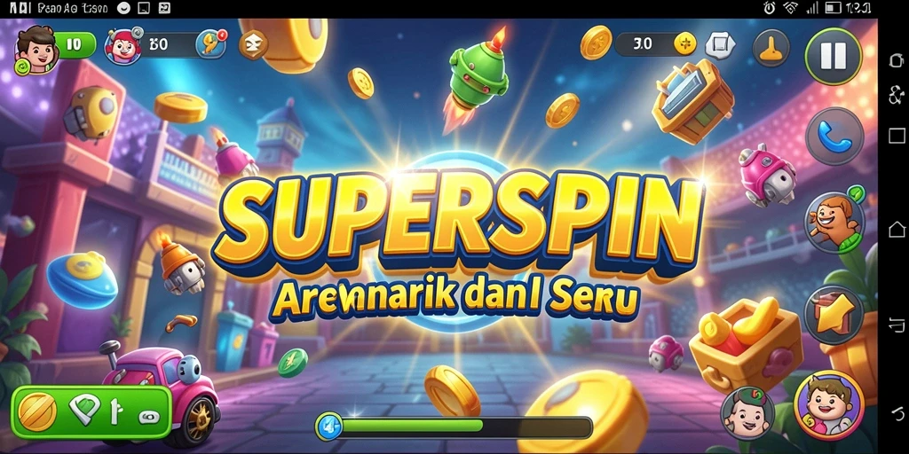 Screenshot gameplay <strong>SUPERSPIN</strong> yang menunjukkan aksi seru dan grafis menawan.
