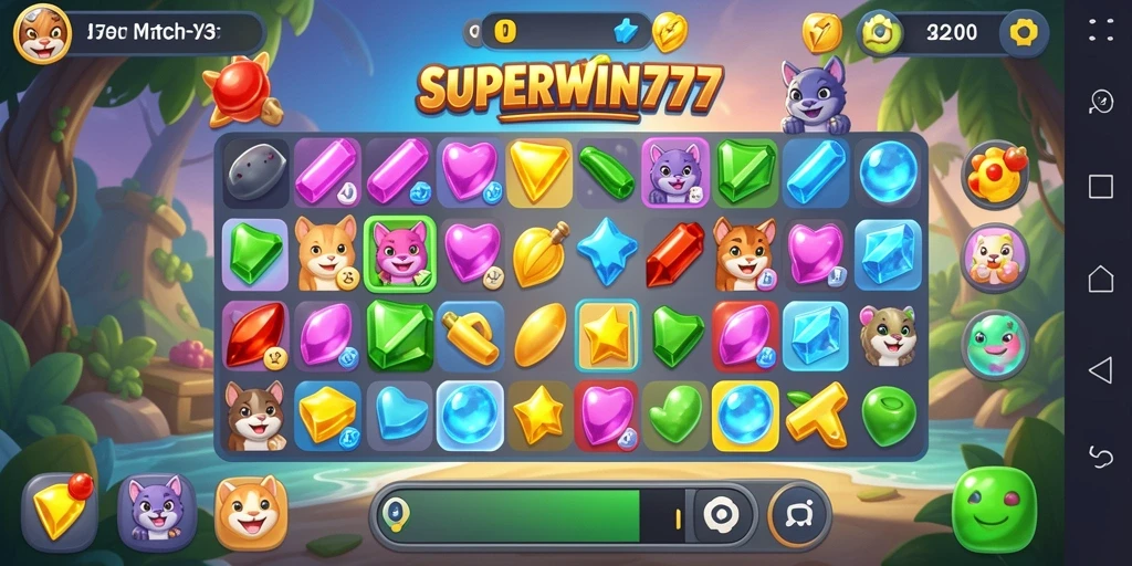 Screenshot gameplay SUPERWIN777 menampilkan aksi pencocokan item berwarna.