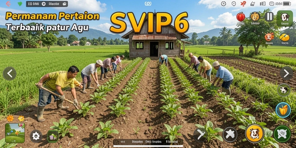 Screenshot gameplay SVIP6 menampilkan pertanian yang subur dan aktivitas seru.