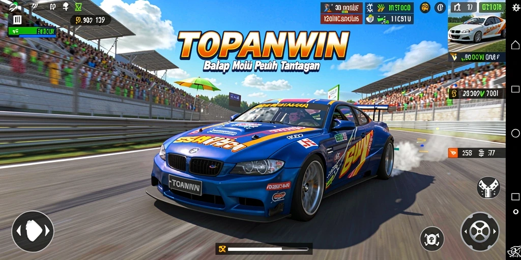 Tampak gameplay seru dari balapan di TOPANWIN dengan mobil berkecepatan tinggi.