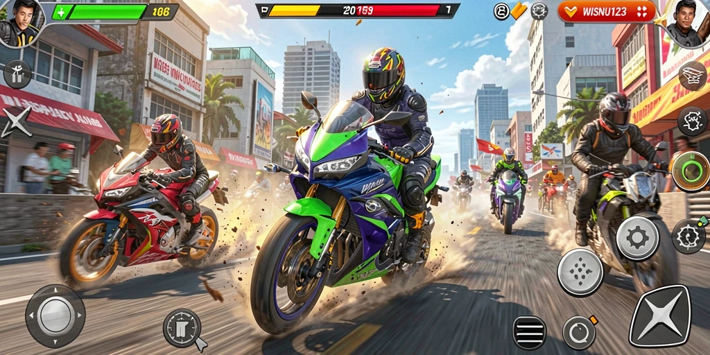 Tampilan gameplay balapan motor yang mendebarkan di WISNU123.